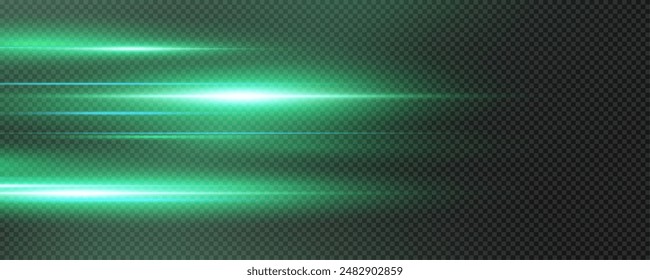 Set of realistic vector green stars png. Set of vector suns png. Green flares with highlights. Horizontal light lines, laser, flash. Green special effect, magic of moving fast motion laser beams.