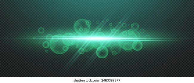 Set von realistischen Vektorgrafik grüne Sterne png. Set von Vektorgrafik sonnt png. Grüne Leuchtraketen mit Highlights. Horizontale Lichtlinien, Laser, Flash. Heller magischer Lichteffekt mit Strahlen und vielen Lichtblendungen.