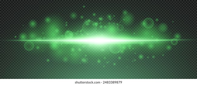 Set of realistic vector green stars png. Set of vector suns png. Green flares with highlights. Horizontal light lines, laser, flash. Bright magikal light effect with rays and many glares of light.