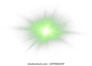 Set of realistic vector green stars png. Set of vector suns png. Green flares with highlights.