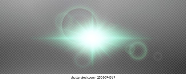Set of realistic vector green stars png. Set of vector suns png. Green flares with highlights.
