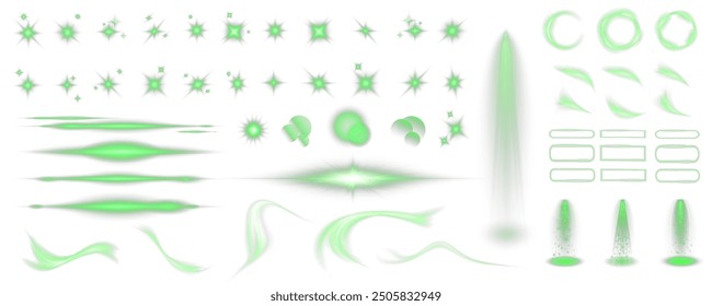 Set of realistic vector green stars png. Set of vector suns png. Green flares with highlights.