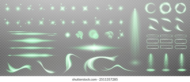 Set of realistic vector green stars png. Set of vector suns png. Green flares with highlights.