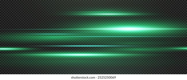 Set of realistic vector green stars png. Set of vector suns png. Green flares with highlights. Horizontal light lines, laser, flash.	