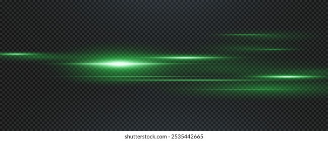 Set of realistic vector green stars png. Set of vector suns png. Green flares with highlights. Horizontal light lines, laser, flash. Green special effect, magic of moving fast motion laser beams.