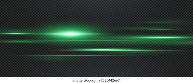 Set of realistic vector green stars png. Set of vector suns png. Green flares with highlights. Horizontal light lines, laser, flash. Green special effect, magic of moving fast motion laser beams.