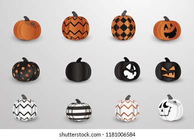 Set of Realistic vector Halloween spooky, creepy pumpkins with different faces, spider web, spider isolated. Cartoon Pumpkin lantern. Scary Jack. Modern halloween symbol and decoration.