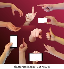 Set realistic vector hand on dark background, vector illustration