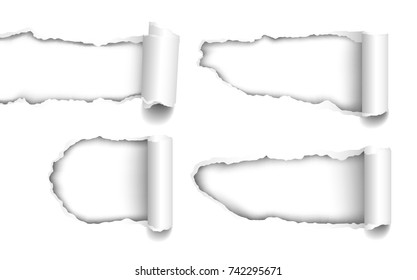 Set of realistic vector holes torn in paper with curled edges on white background