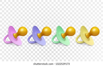Set of realistic vector icons - illustration of baby pacifier icons different colors. Pink, blue, green, yellow. Isolated on transparent.