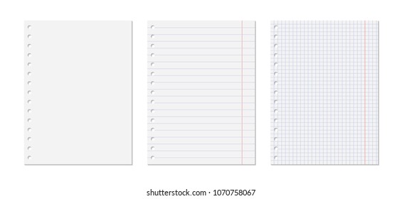 Set of realistic vector illustration of blank sheets of clear, square and lined paper from a block isolated on a white background