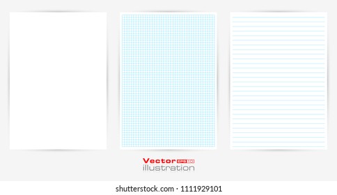 Set of realistic vector illustration of blank sheets of square and lined paper