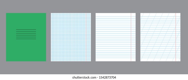Set of realistic vector illustration of blank sheets of blue square and red lined paper from isolated on a gray background. Vector illustration.