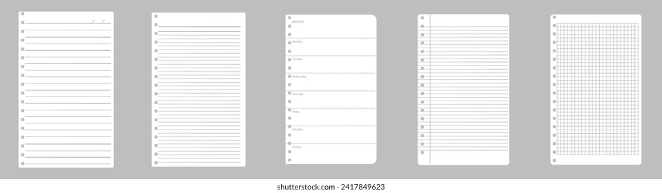 Set of realistic vector illustration of blank sheets of square and lined paper from a block isolated on a gray background