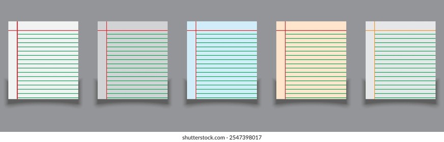 Set of realistic vector illustration of blank sheets of square and lined paper from a block isolated on a gray background