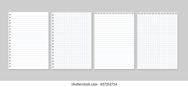 Conjunto de ilustraciones vectoriales realistas de hojas en blanco de papel cuadrado y alineado de un bloque aislado en un fondo gris