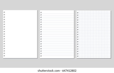 Set of realistic vector illustration of blank sheets of square and lined paper from a block isolated on a gray background