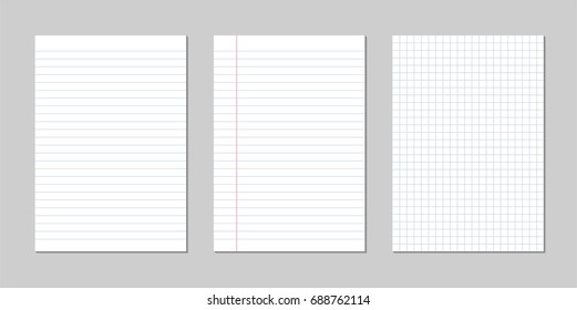 Set of realistic vector illustration of blank sheets of square and lined paper from a block isolated on a gray background
