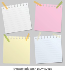 Set of realistic vector illustration of blanks sheets of square paper from a block isolated on a gray background with shadows. Notebook paper