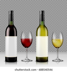 Set of realistic vector illustration of glass wine bottles and glasses with white and red wine, isolated, with reflection. Template, moc up, layout for design, branding, advertising