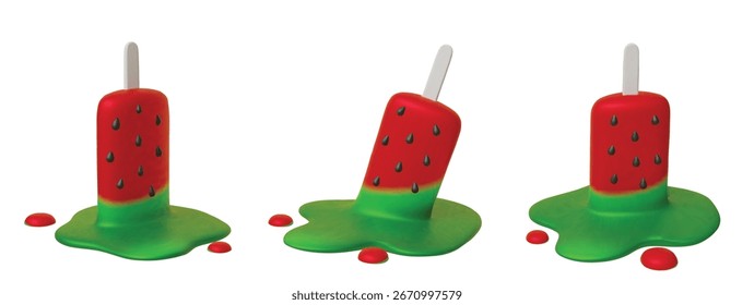Definir ilustração vetorial realista de um picolé de melancia derretendo com sementes em um fundo azul claro.