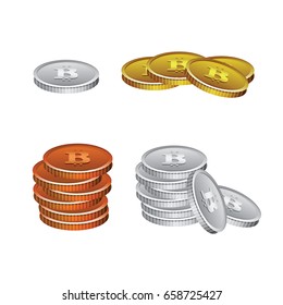 Set of realistic vector illustration on colorless background with bitcoin crypto currency.Pile of coins