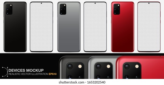 Definir ilustración vectorial realista smartphones color negro, gris y rojo. Tragar smartphone con pantalla en blanco para su diseño. EPS10	
