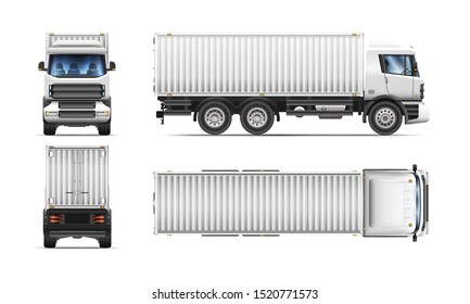 Set of realistic vector illustrations of cargo truck from top, side, front and back view.