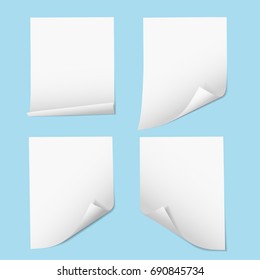 Set of realistic vector illustrations of an empty sheet of paper with a bent corner, isolated on a blue background