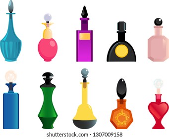 Set of realistic vector illustrations of fantasy perfume bottles or  vials, EPS 8, no transparencies, no mesh