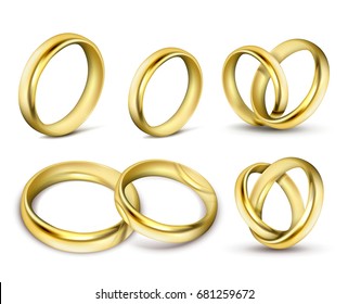 Set of realistic vector illustrations of gold wedding rings with shadow isolated on white. Print, template, design element