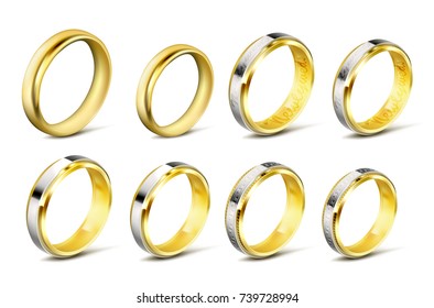 Set of realistic vector illustrations of gold engagement rings with elements of silver, white gold and various engravings and without isolated on white. Print, template, design element.