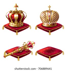 Set of realistic vector illustrations, golden royal crown icons, royal scepter and red velvet ceremonial pillows, isolated on white. Print, design element