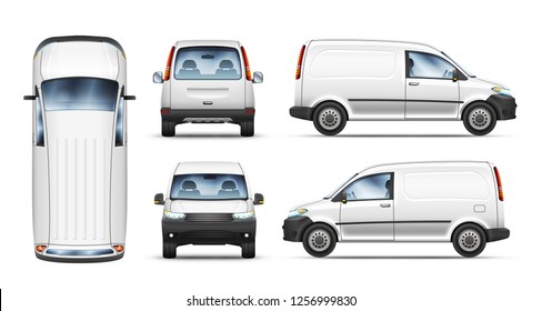 Set of realistic vector illustrations of mini van from top, side, front and back view.