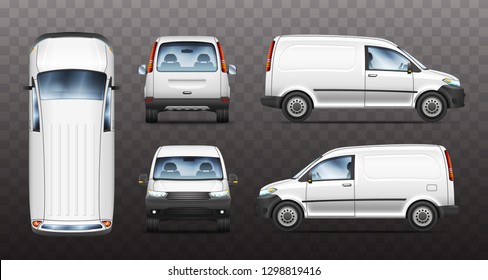 Set of realistic vector illustrations of mini van from top, side, front and back view.