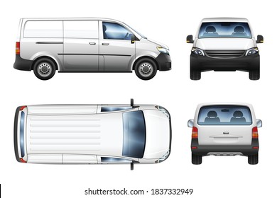 Set of realistic vector illustrations of minivan from top, side, front and back view.