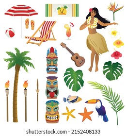 Set of realistic vector illustrations on Hawaiian tropical theme