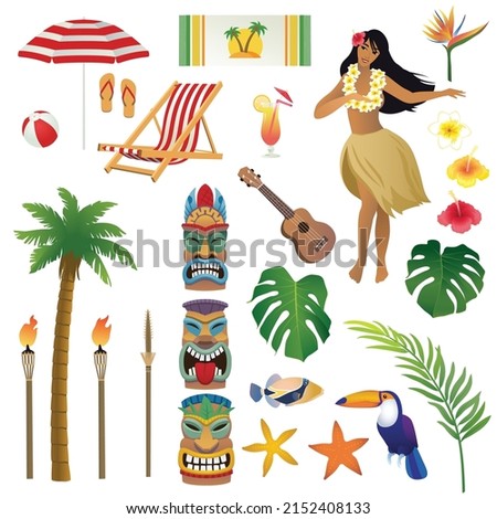 Set of realistic vector illustrations on Hawaiian tropical theme