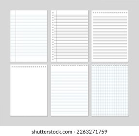 Set of realistic vector illustrations of square, notebook sheet and lined paper sheets of blocks isolated on gray background.