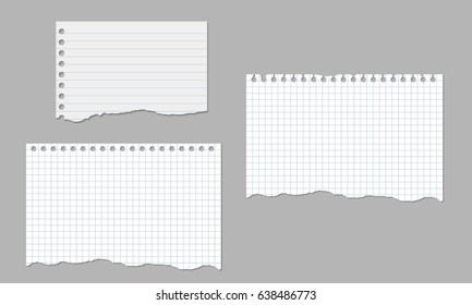 Conjunto de ilustraciones vectoriales realistas de hojas rotas de papel cuadrado y alineado aisladas en un fondo blanco