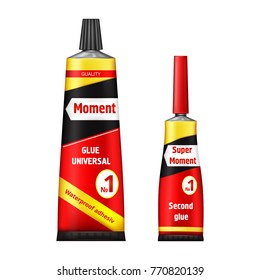 Set of realistic vector illustrations of two red and black super glue moment alluminium tubes isolated on white background. Package design template with brand information.