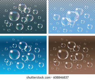 Set of Realistic vector isolated Soap Bubbles on the blue , transparent or brown background.
