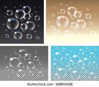 Set of Realistic vector isolated Soap Bubbles on the blue , black, brown or transparent background.