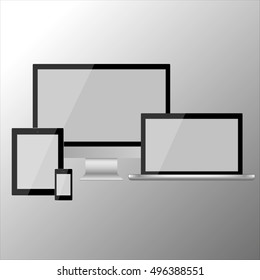 Set of realistic vector laptop, tablet computer, monitor and mobile phone template isolated on white.