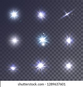 Set of realistic vector lens flare on a transparent background. Collection of beautiful lighting effects. Sparkling stars.