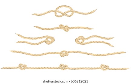 A set of realistic vector linen string knots. An illustration of different types of knots and linen string patterns.