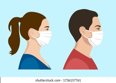 Set of realistic vector of a man and a woman wearing protective face mask - covid-19 safety measures, restriction, covering face to prevent spread of the virus