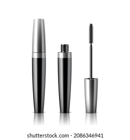 Set of realistic vector mascara bottles. Brush and mascara tube. Black wand and silver tube on white background. Fashionable cosmetics makeup for eyes. 3d vector illustration