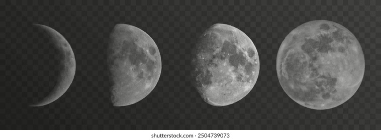 Set of realistic vector moon phases on an isolated transparent background. Moon vector png.