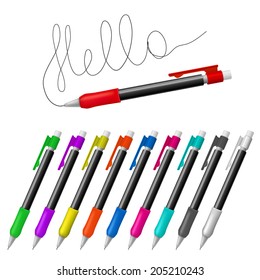 Set realistic vector multicolored mechanical pencils on a white background